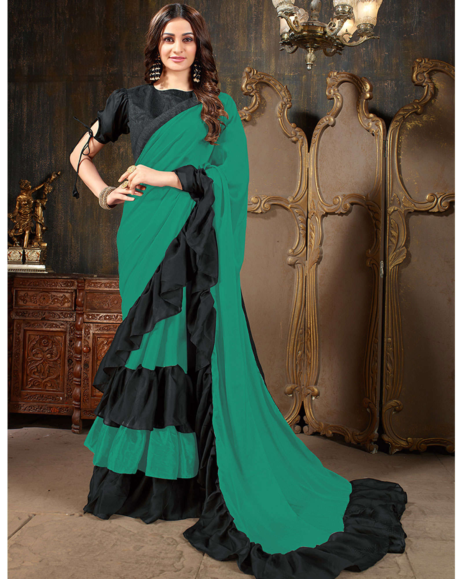 Green black Charismatic Georgette Fancy Party Wear Saree