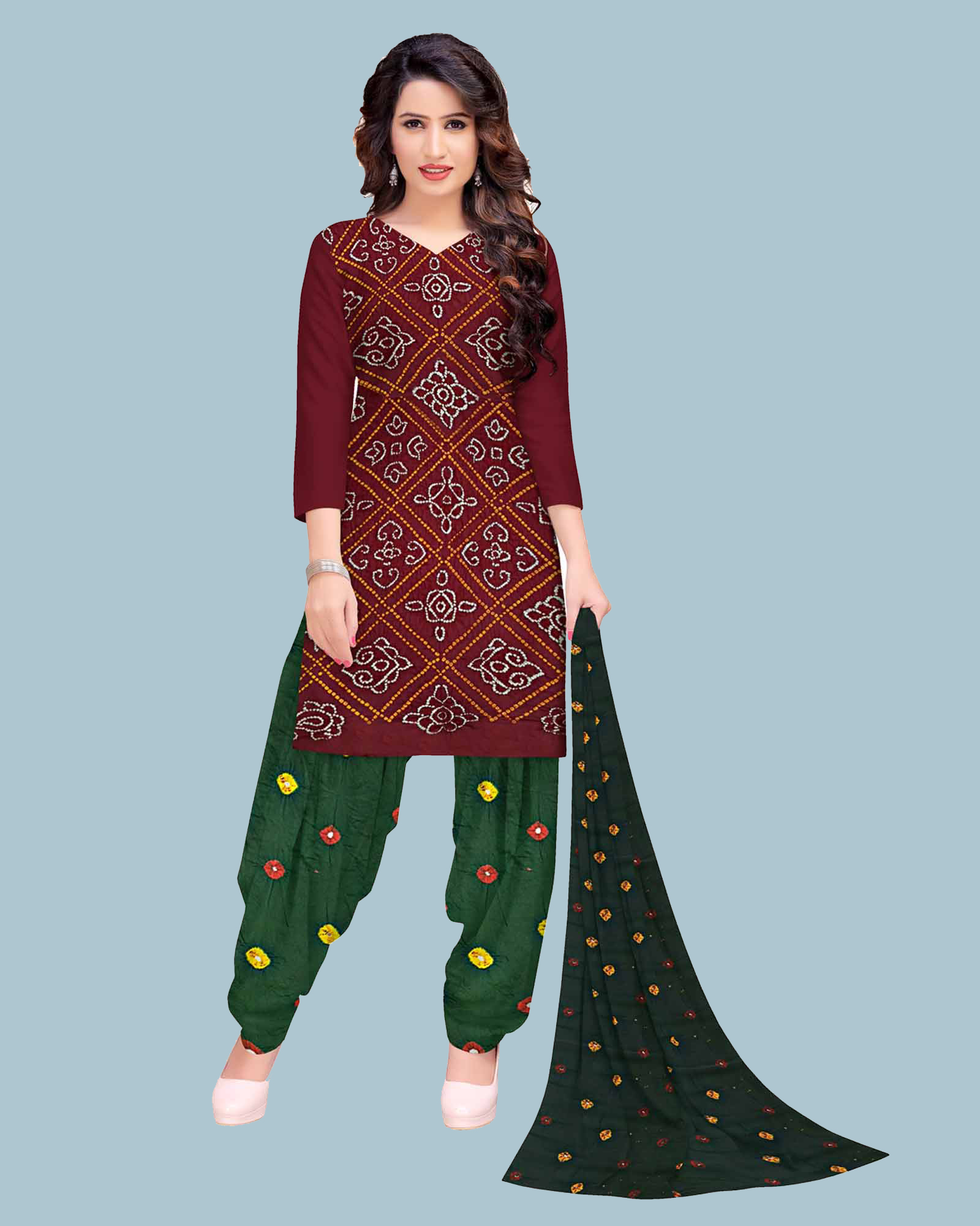 Red And Green Cotton Satin Bandhani Dress Material