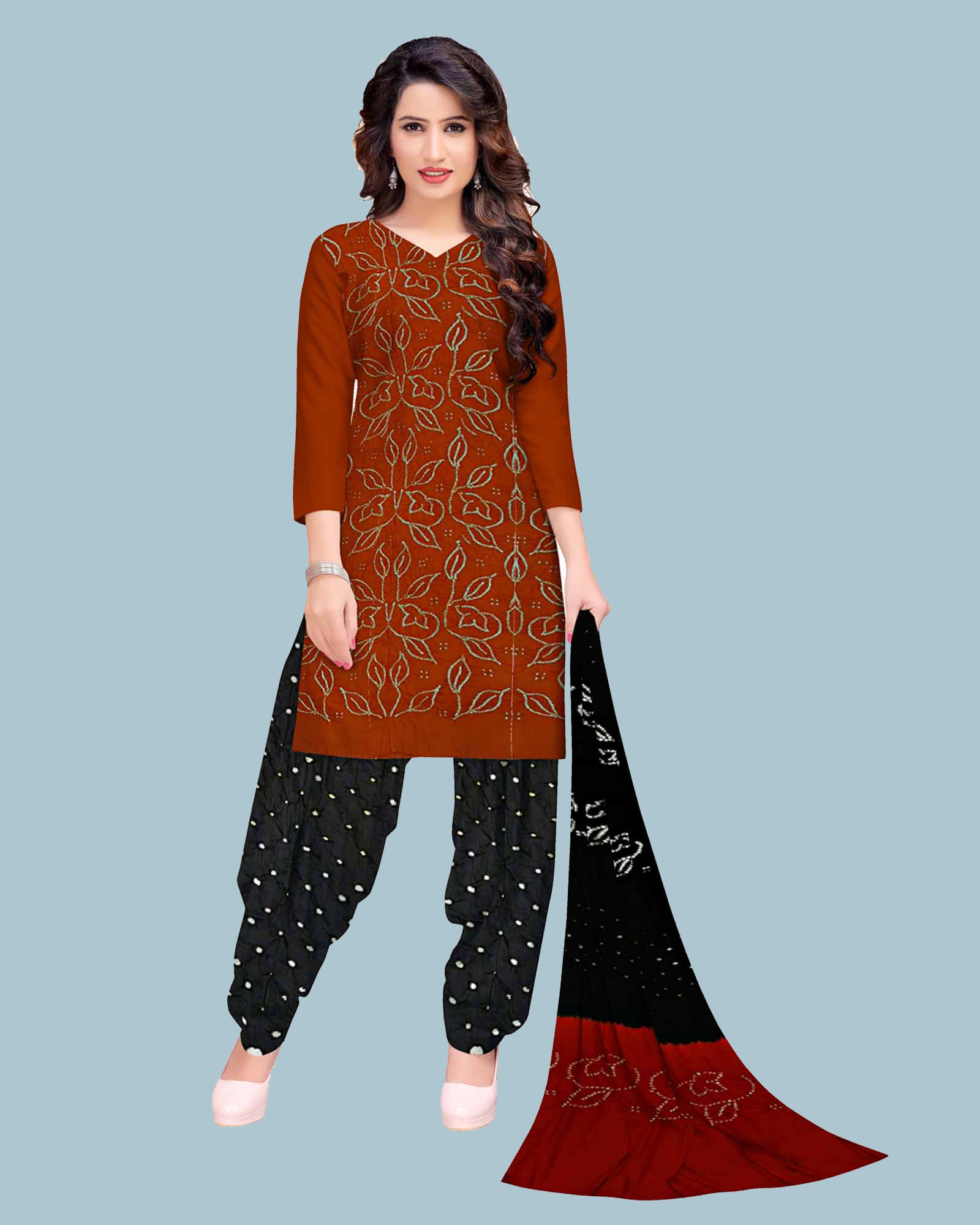 Cotton Satin Dark Orange And Black  Bandhani Dress Material