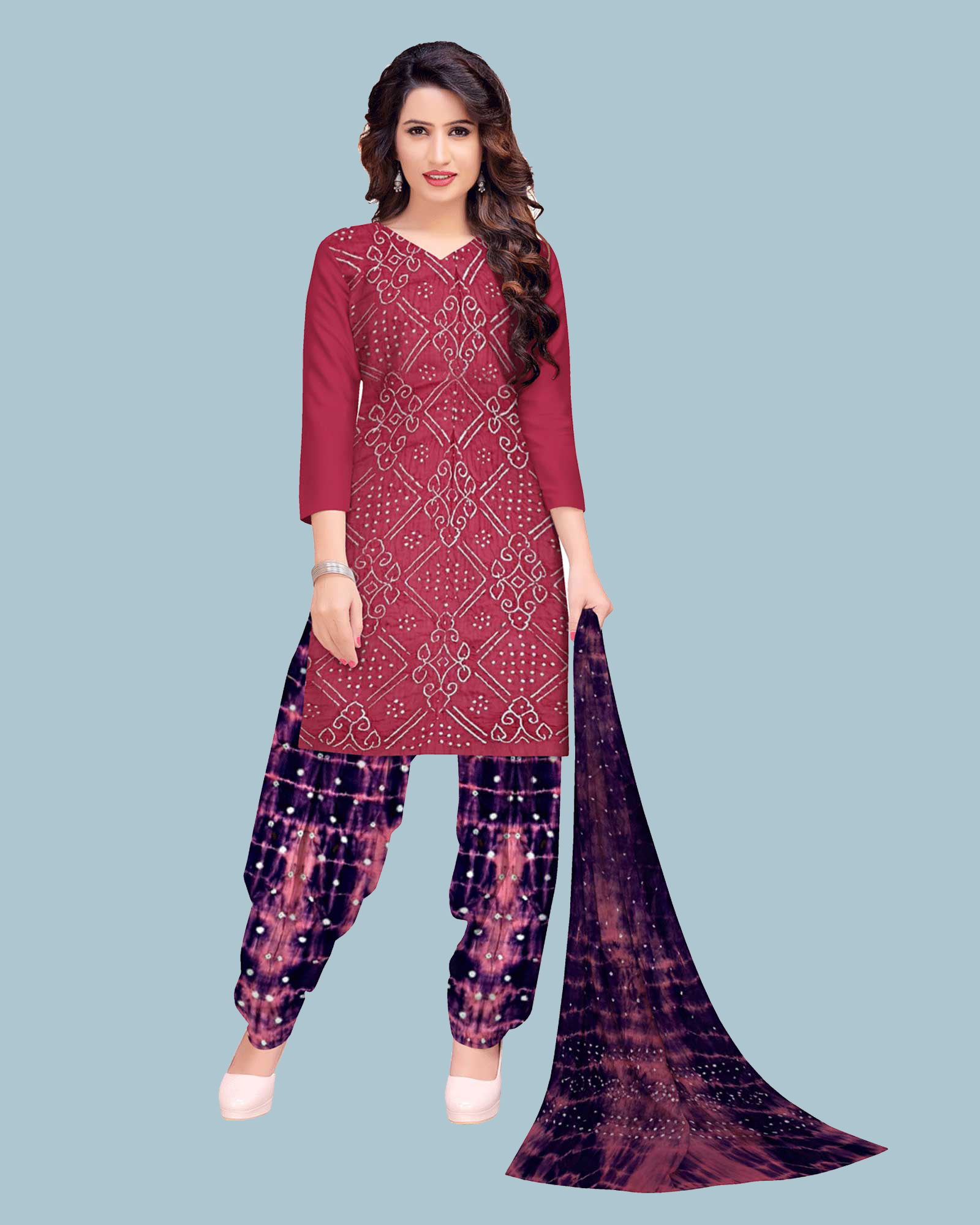 Pink And Blue Cotton Satin Bandhani Dress Material