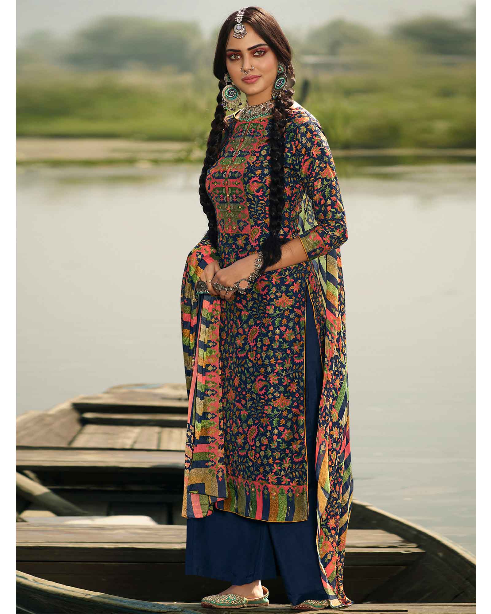 Blue Pashmina Printed Unstitched Dress Material