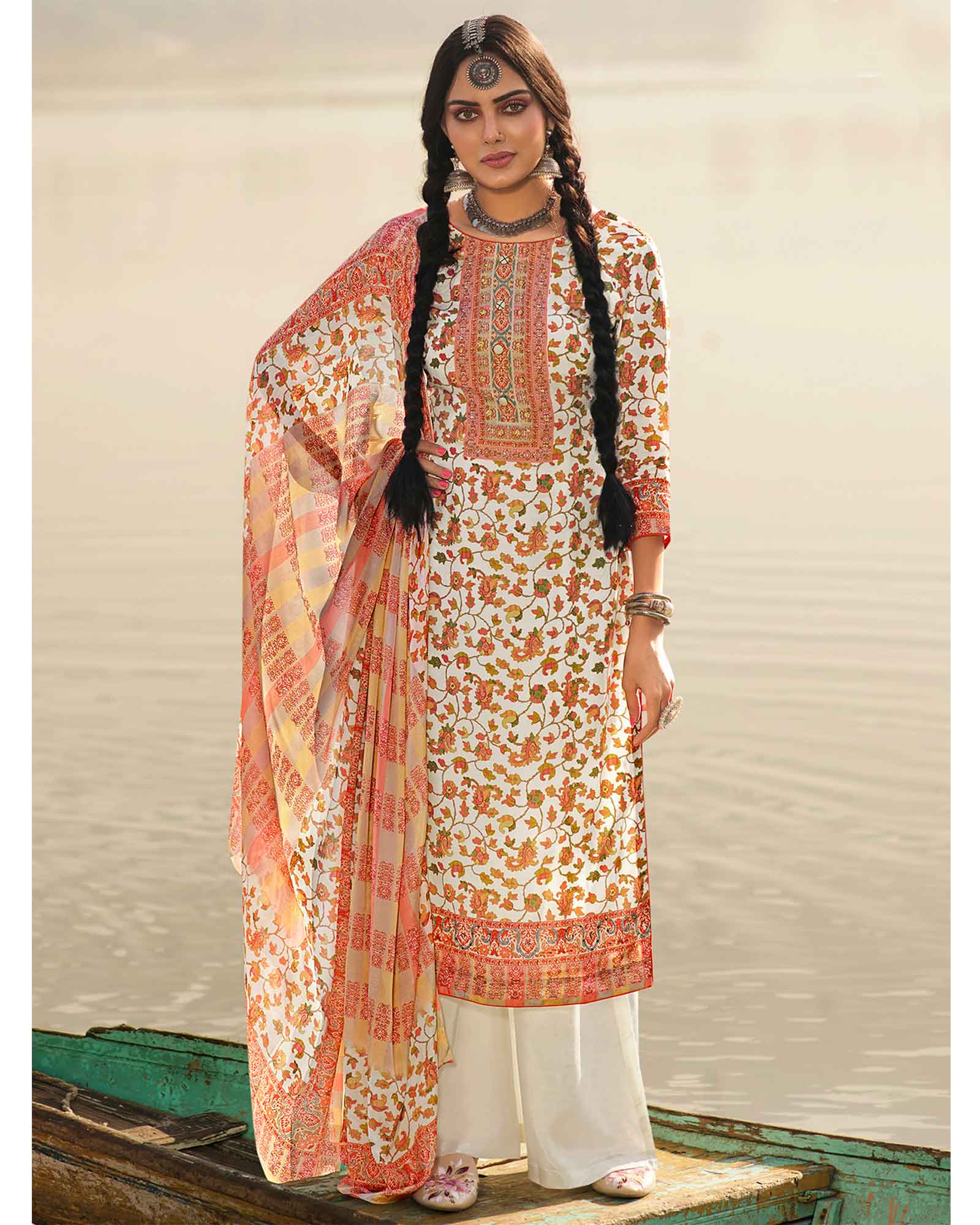 Off White Pashmina Printed Unstitched Dress Material