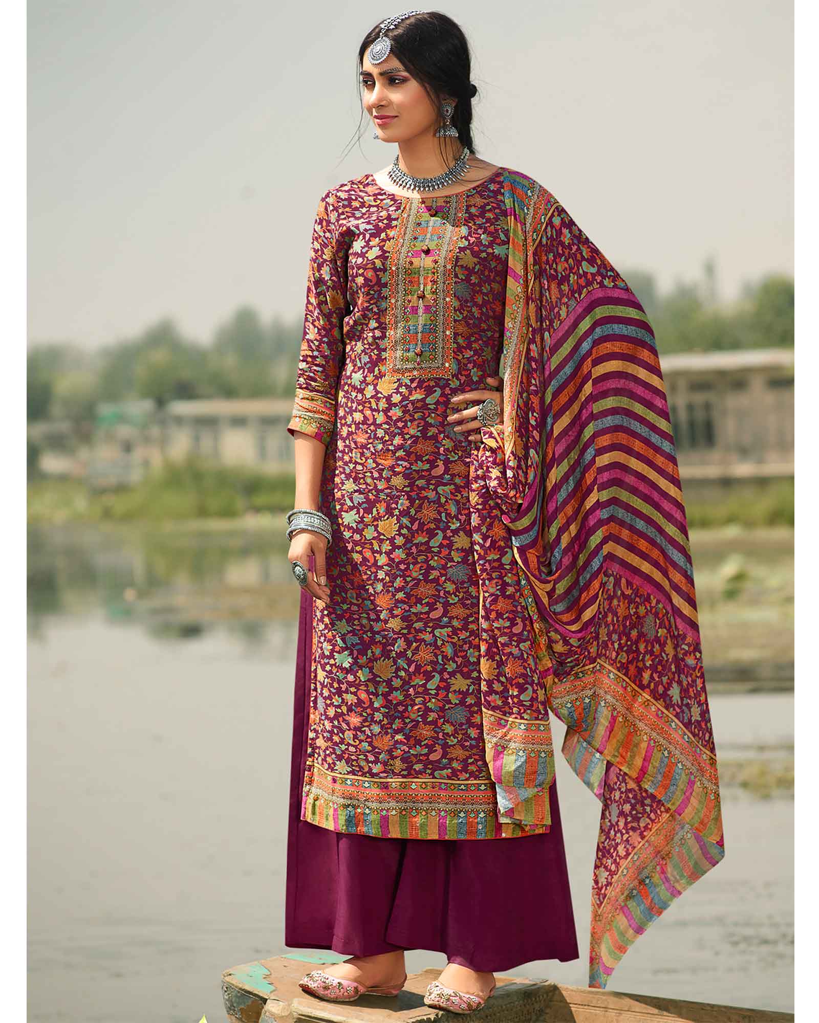 Purple Pashmina Printed Unstitched Dress Material