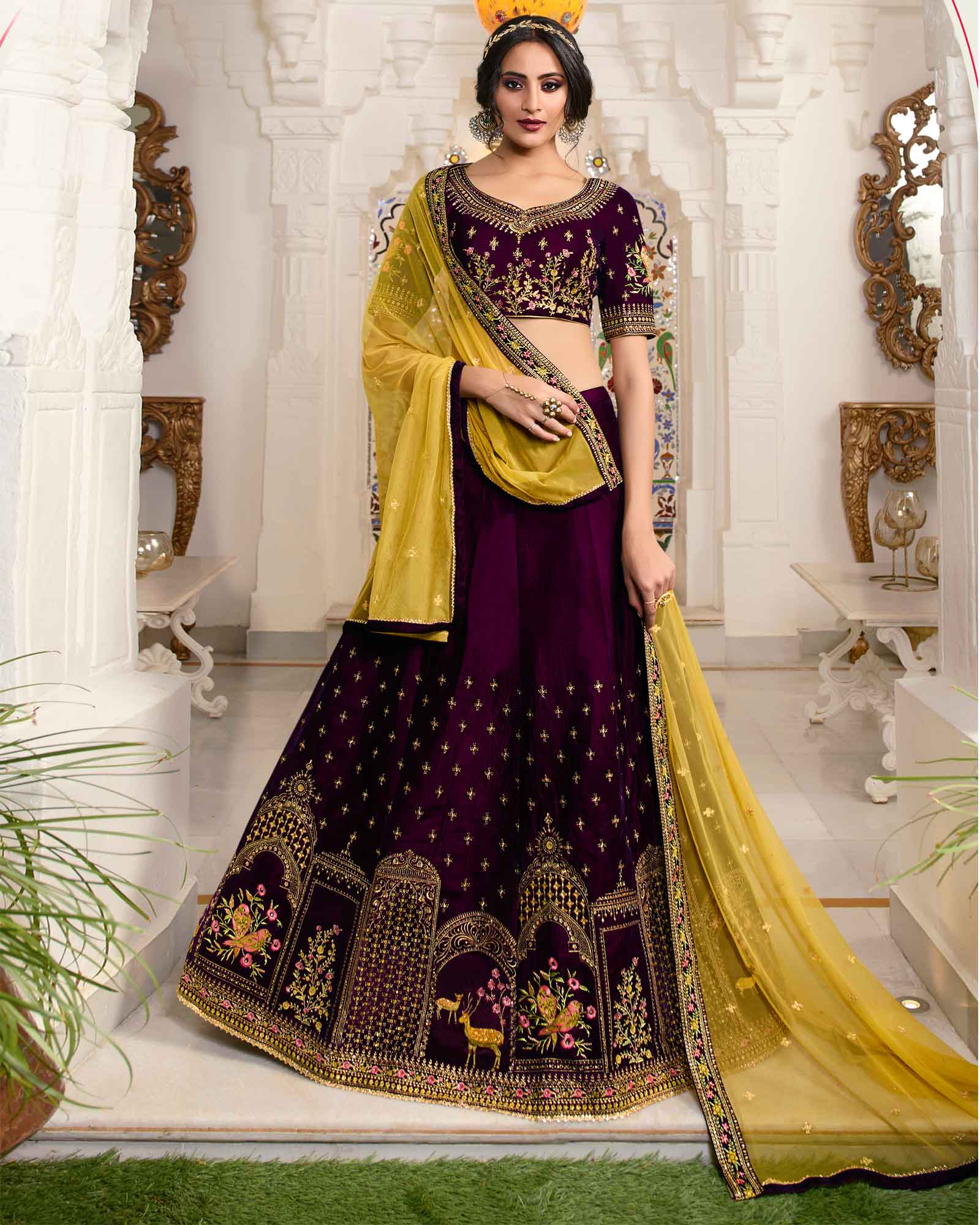 Bridal Wine Velvet Lehenga Choli With Mustard Dupatta Bridal Lehenga Online lovelyweddingmall