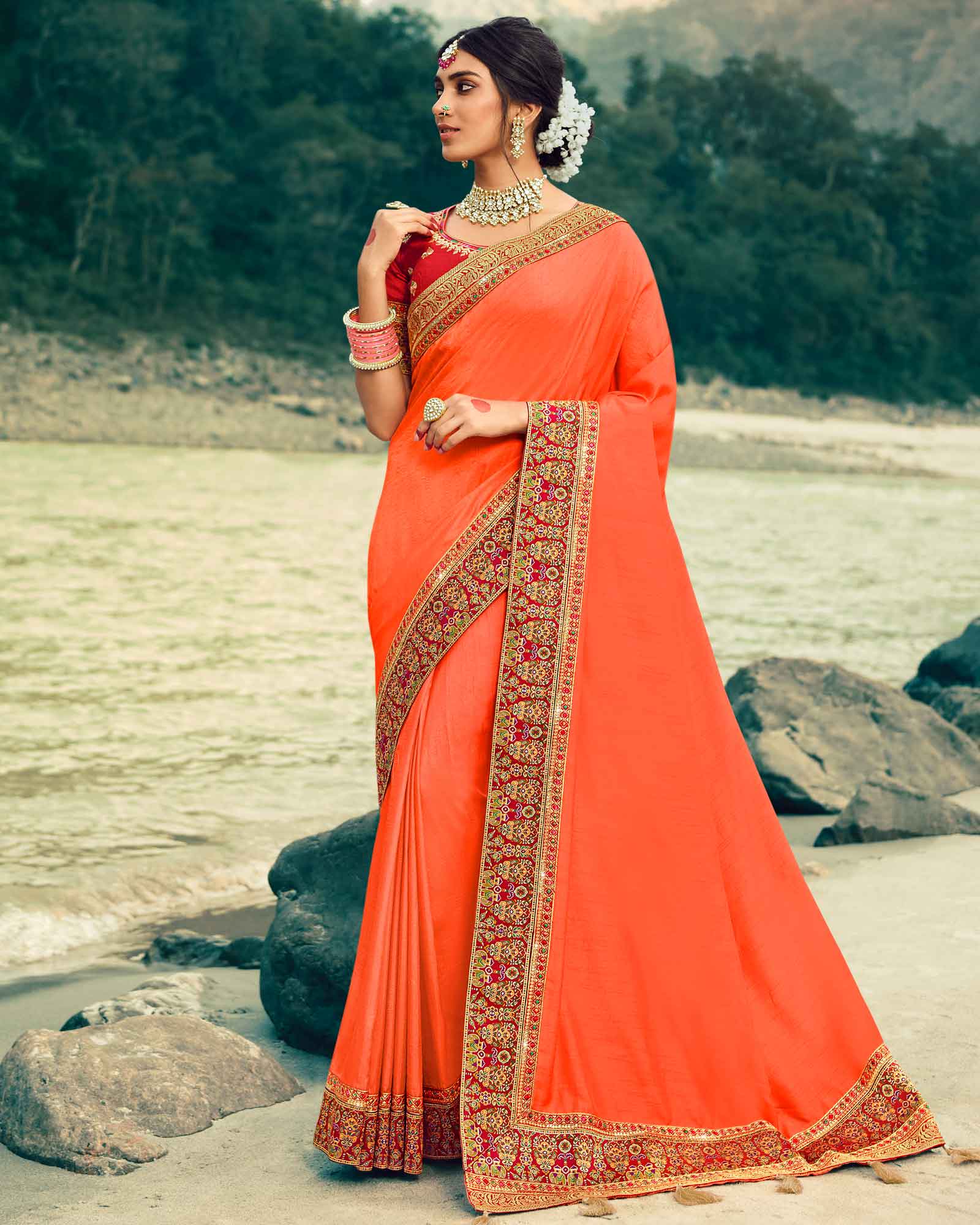 Dark Peach Jaquard Heavy Border Multi Colour Silk Saree