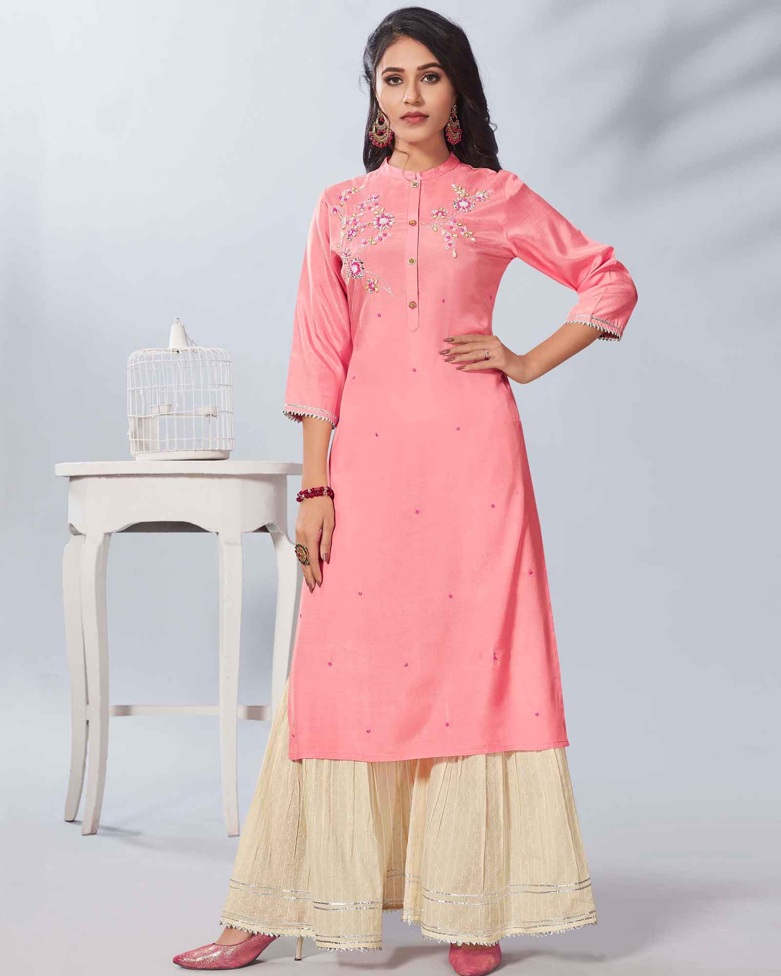Baby Pink Floral Beads And Stone Work Suit Set