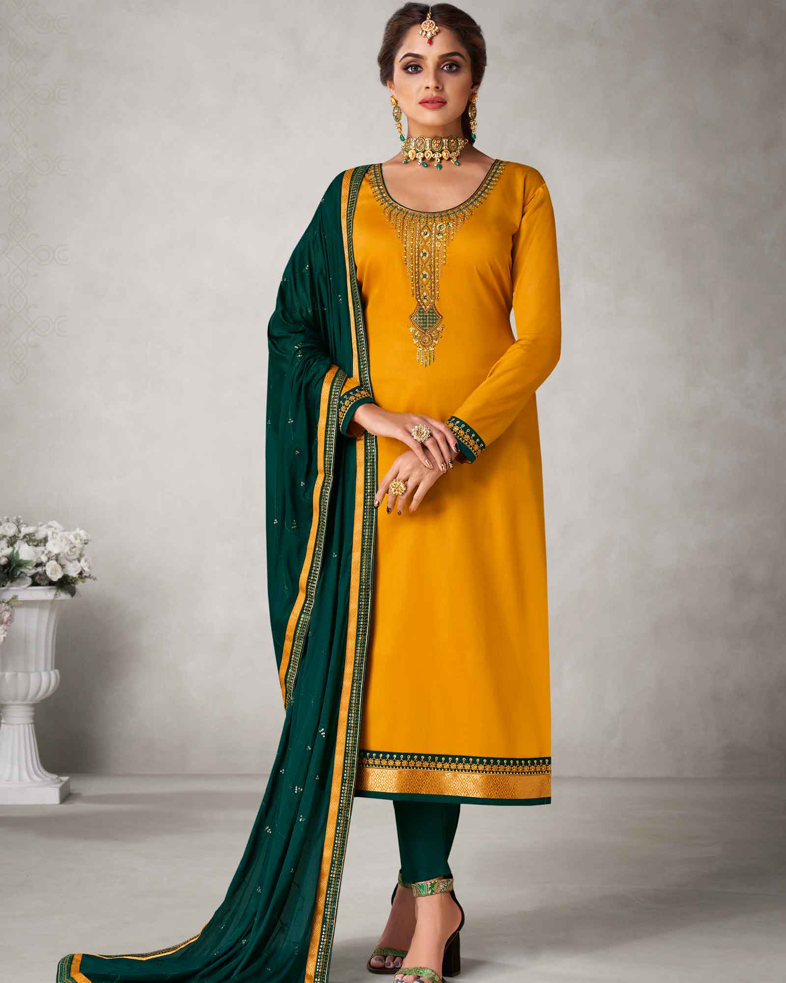 Mustard And Bottle Green Lace Work Silk Unstitched Dress Material