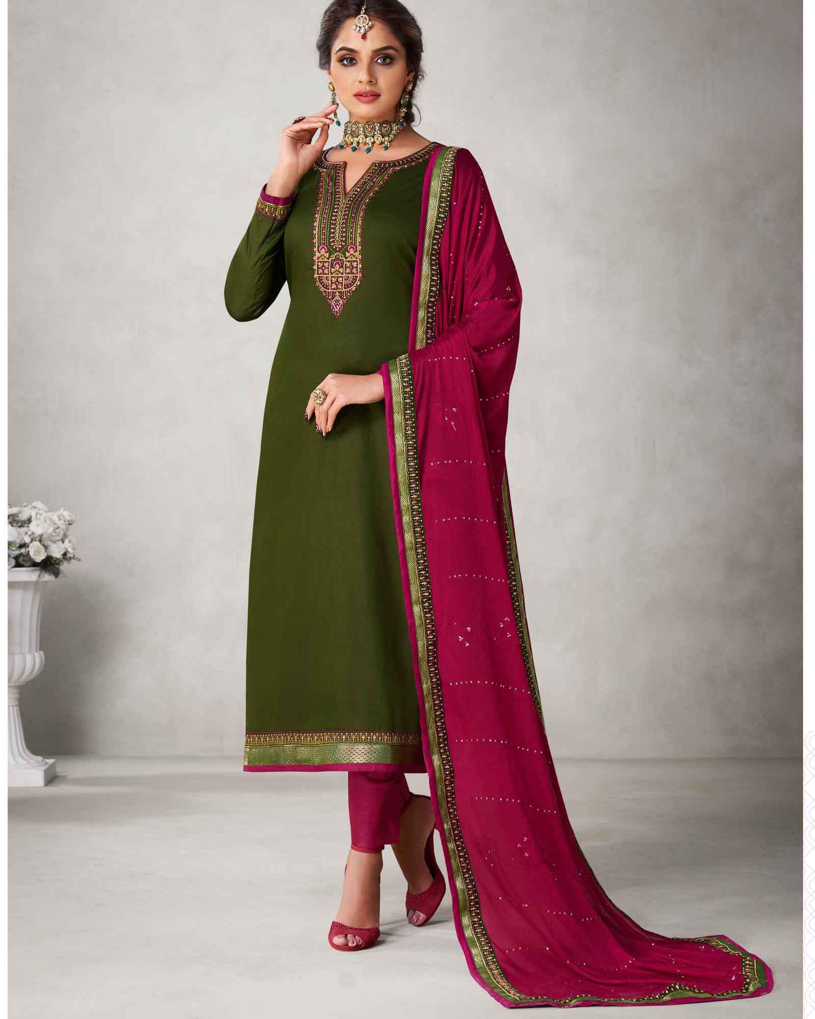 Dark Green And Pink Floral Work Silk Unstitched Dress Material  