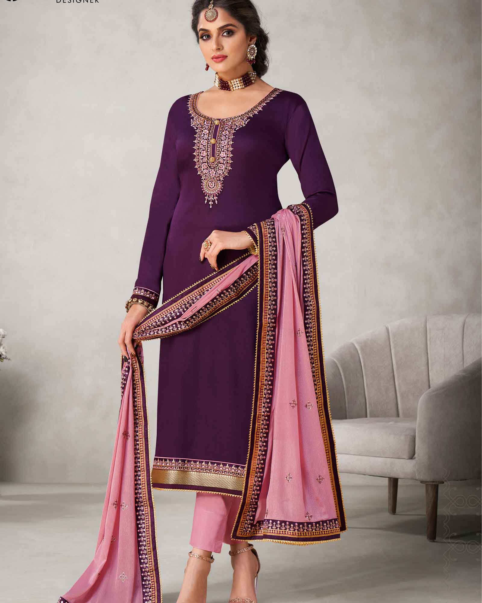 Purple and Baby Pink Jam Silk Unstitched Dress Material  