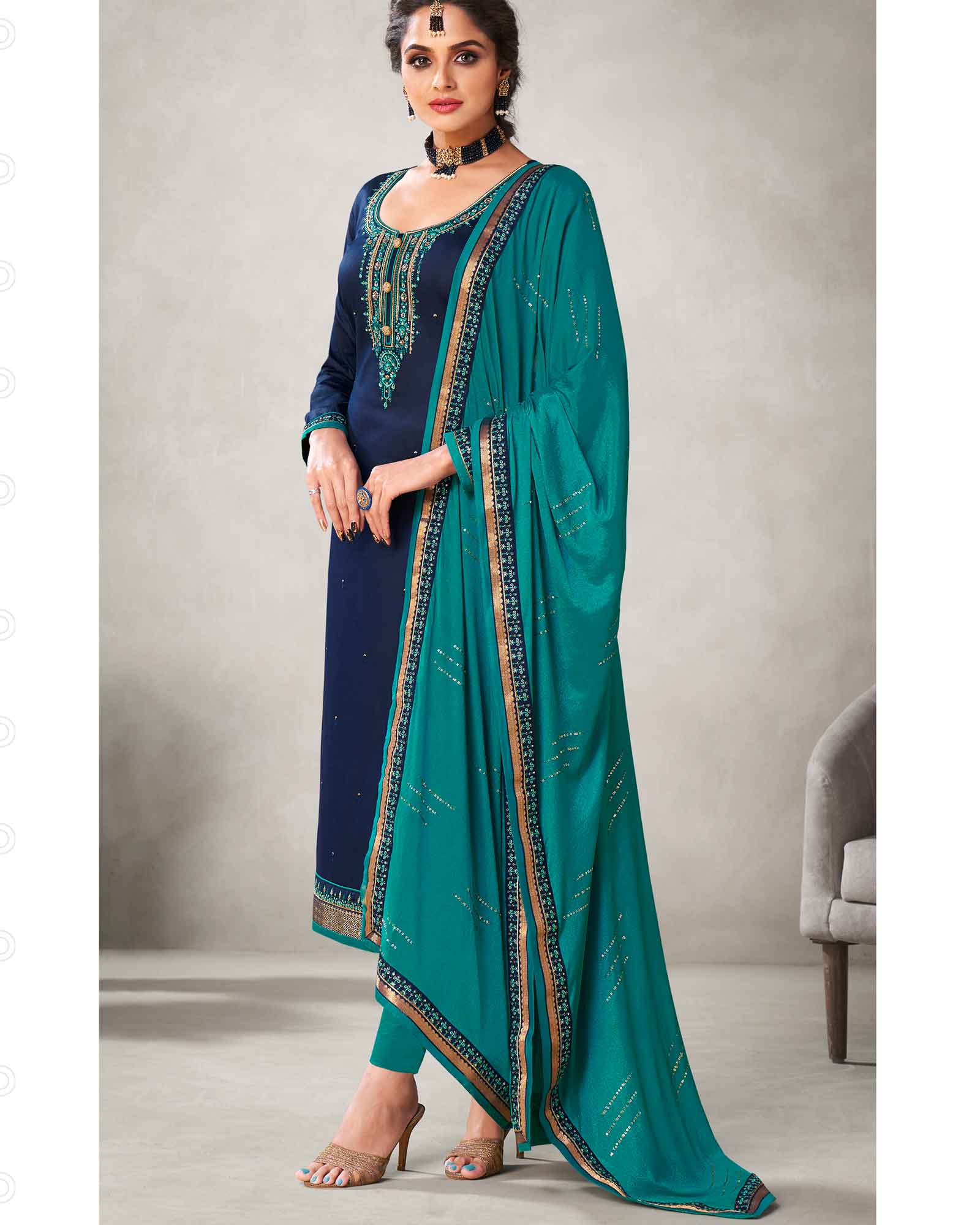 Navy Blue and Peacock Green Embroidered Unstitched Dress Material