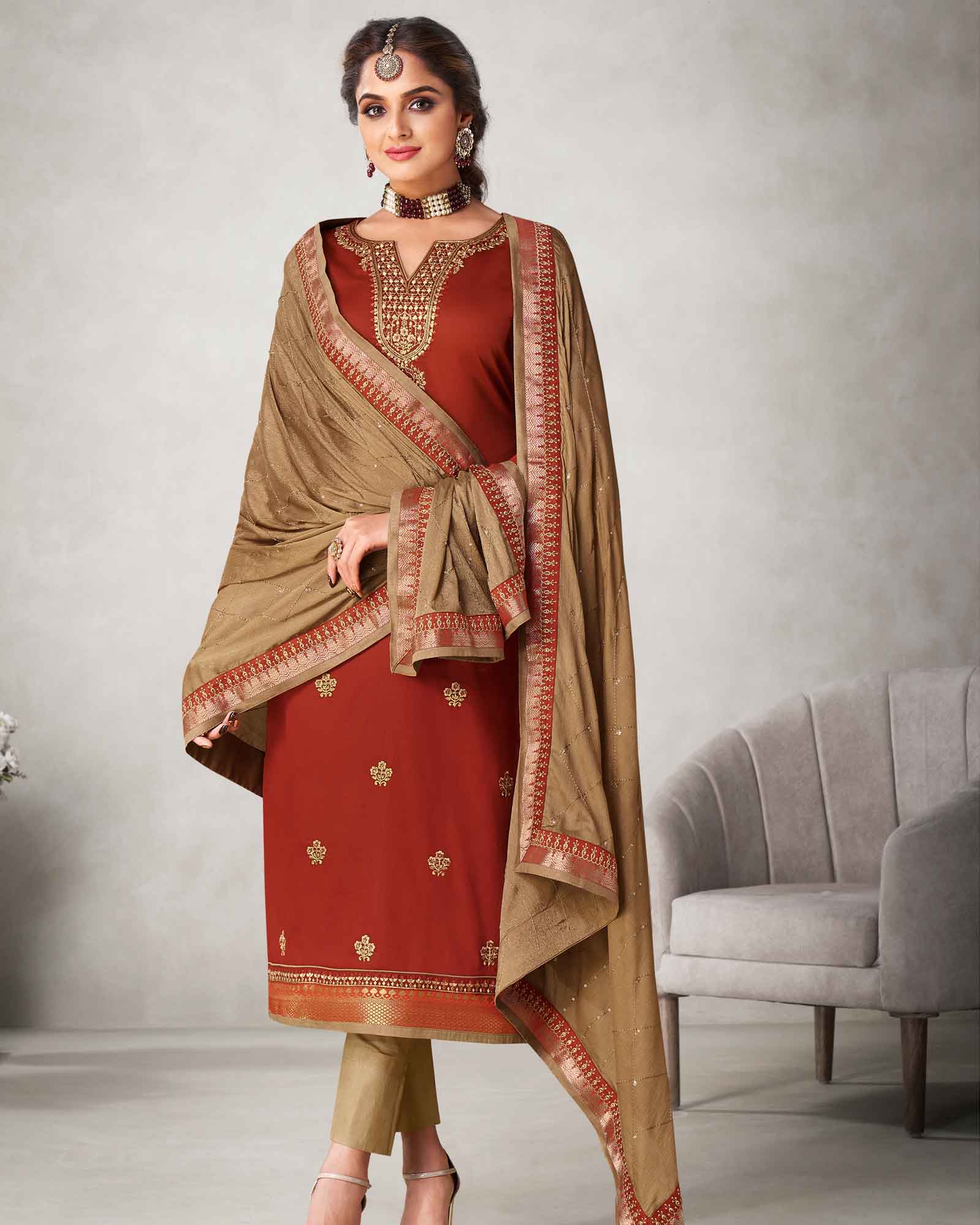 Red Golden Embroidered Work Jam Silk Unstitched Dress Material