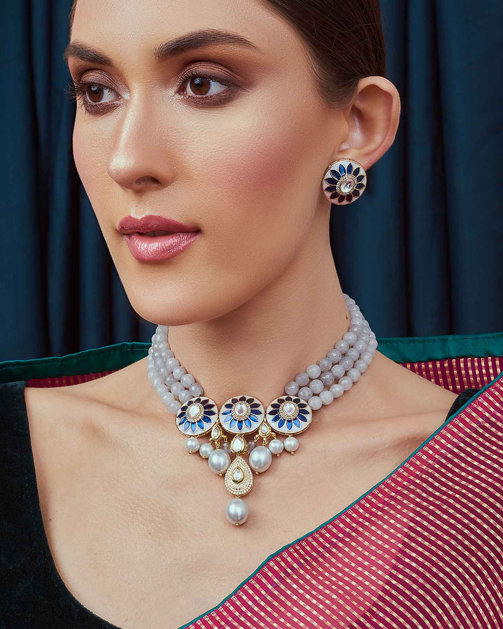 Blue Grey and White Pearl Necklace Set