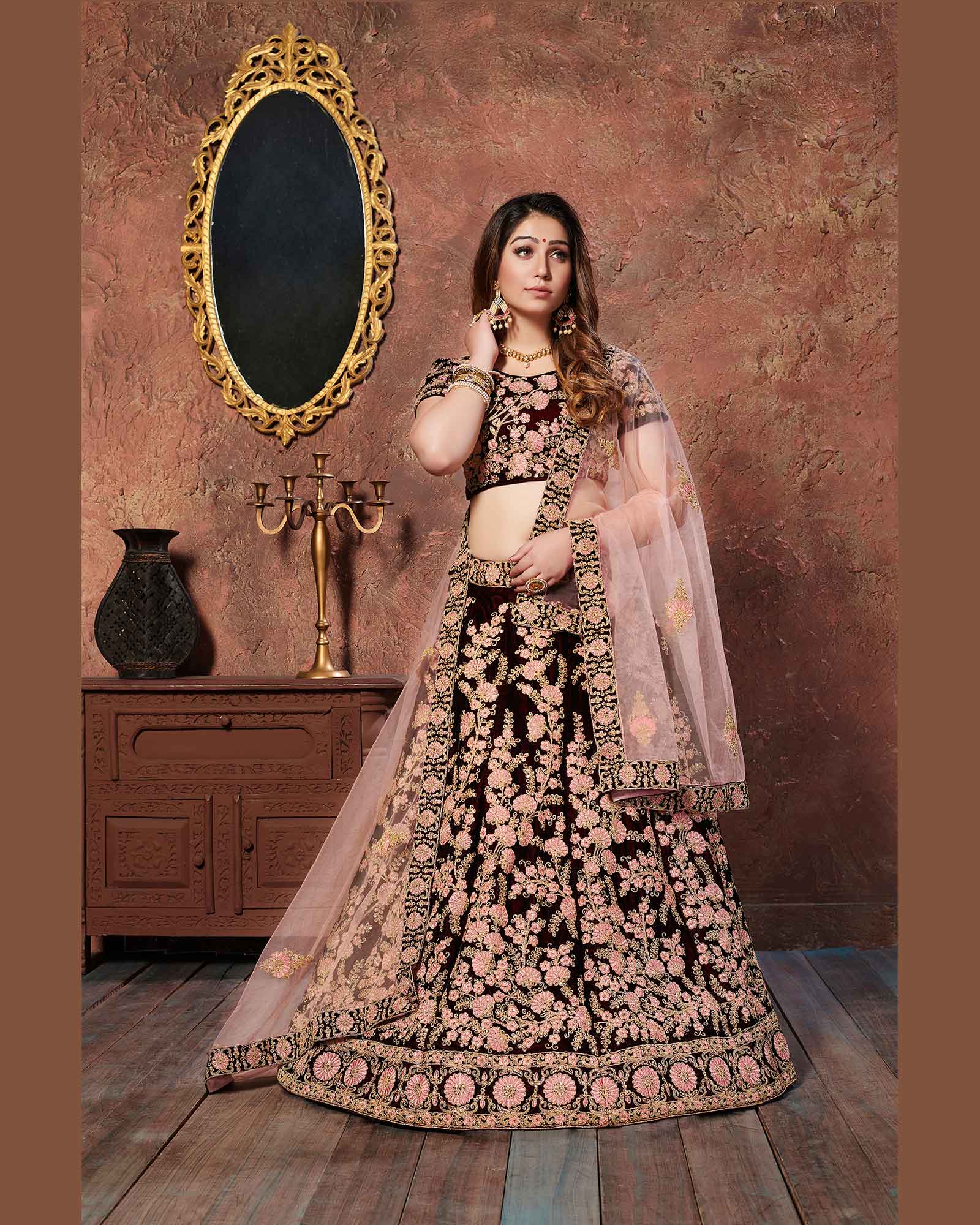 Exotic Maroon Wedding Wear Embroidered Pure Velvet Lehenga Choli